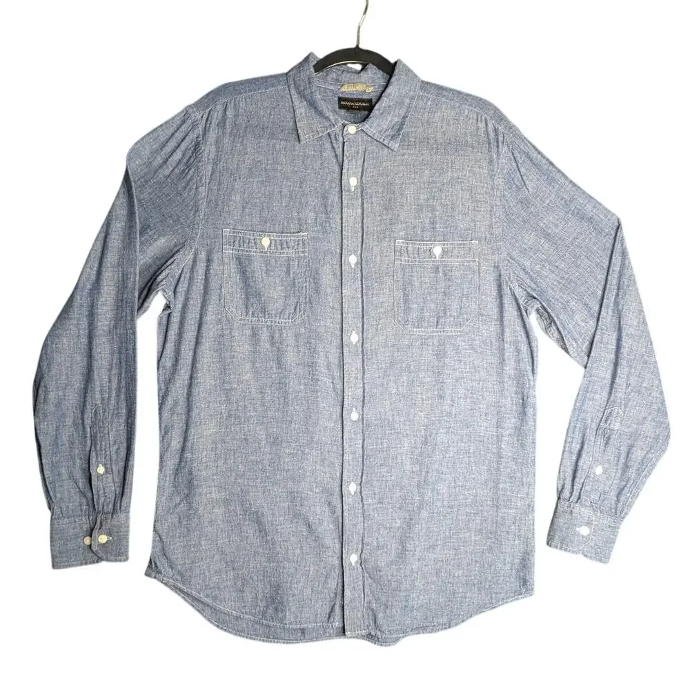 Banana Republic Lrg Linen Cotton Row Chambray Blue Long Sleeve Button Shirt Men